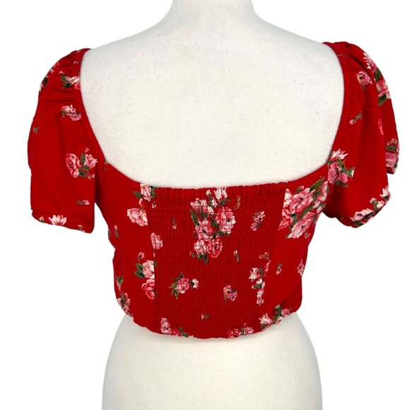 BOG Red Floral Crop Top Flutter Sleeves Ruched Front Size Large - Picture 6 of 10